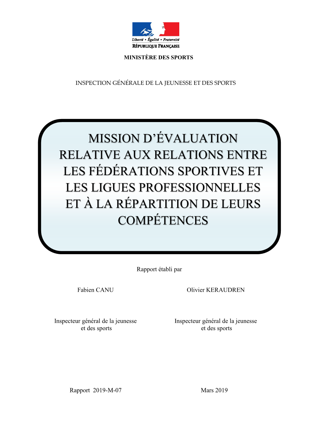 Mission D'évaluation Relative Aux Relations Entre Les Fédérations