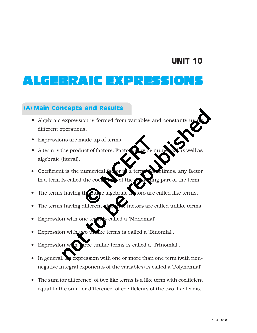 Algebraic Expressions, the Like Terms Are Added (Or Subtracted) and the Unlike Terms Are Written As They Are