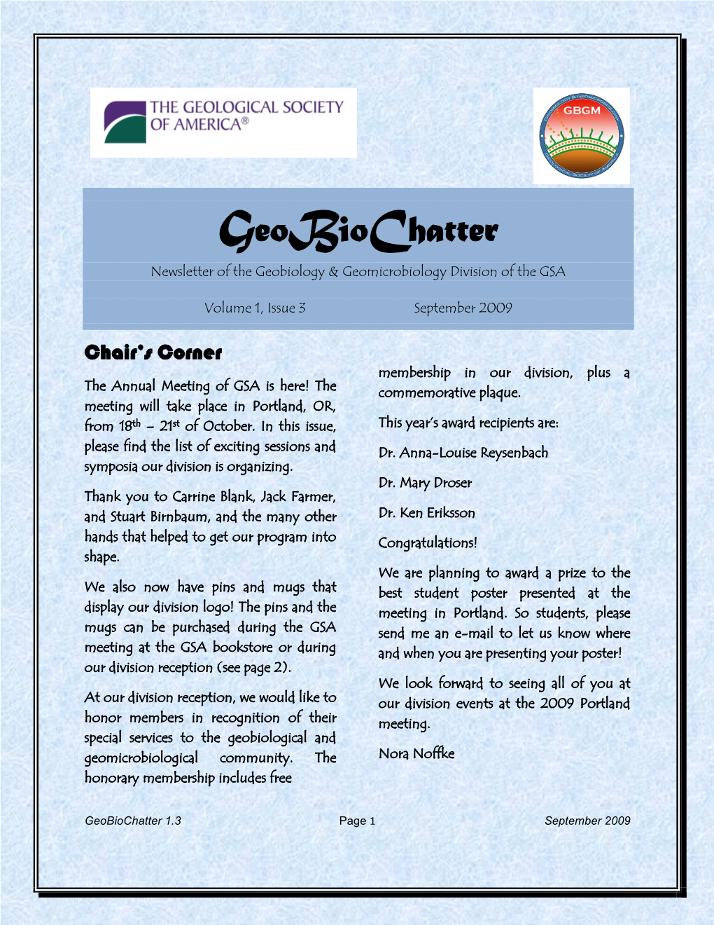 Geobiochatter Newsletter of the Geobiology & Geomicrobiology Division of the GSA