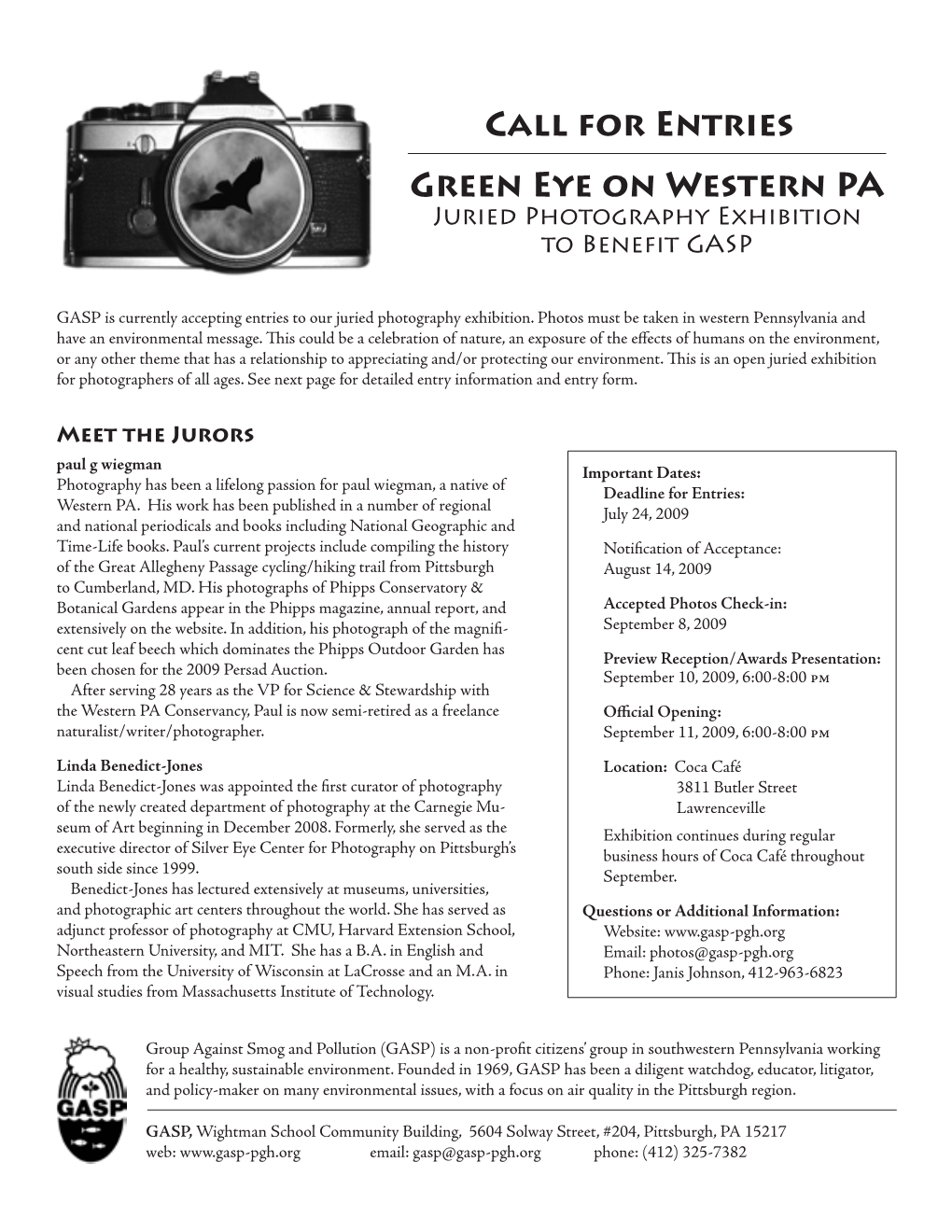 Call for Entries Green Eye on Western PA Juried Photography Exhibition to Benefit GASP