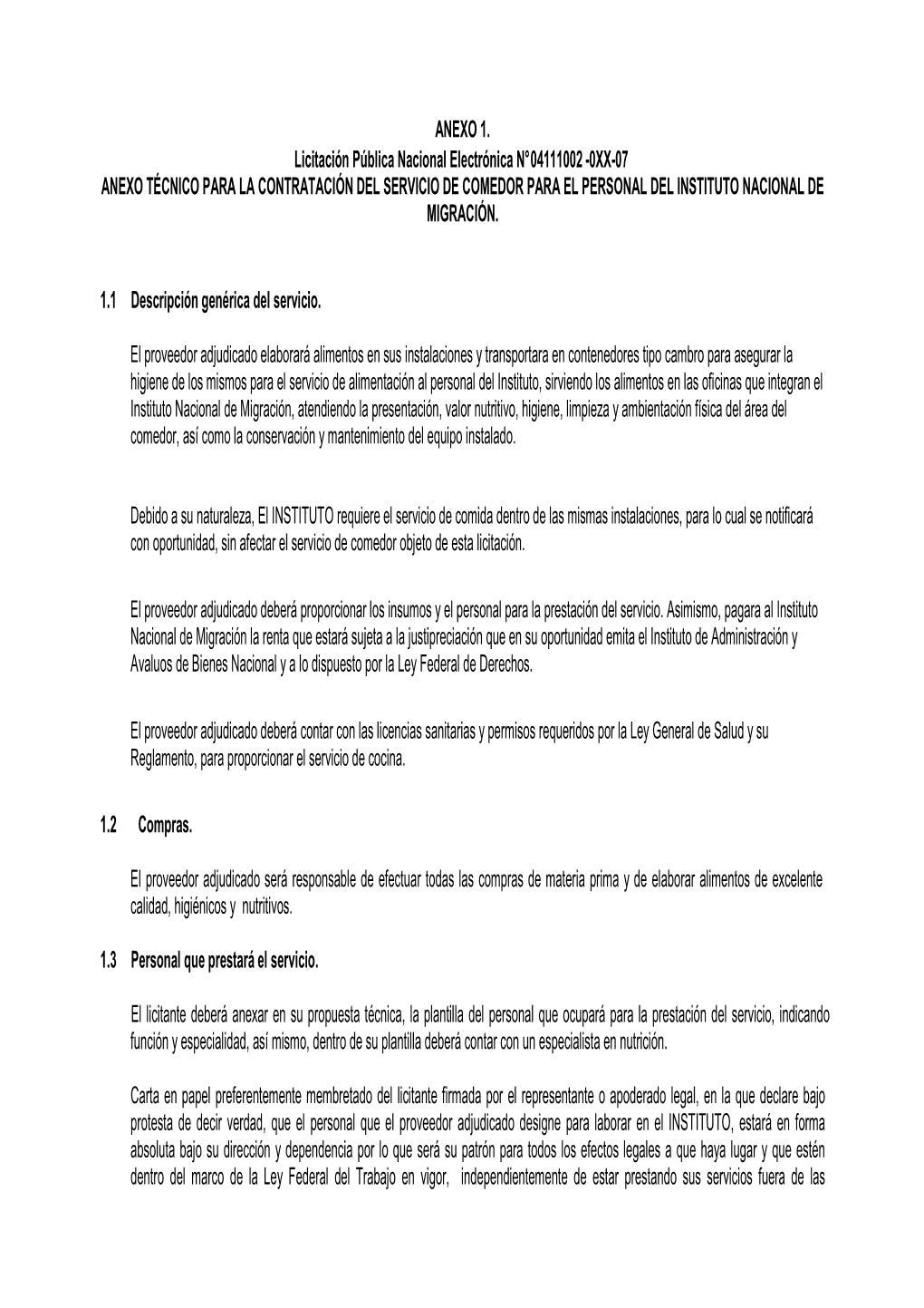 0Xx-07 Anexo Técnico Para La Contratación Del Servicio De Comedor Para El Personal Del Instituto Nacional De Migración