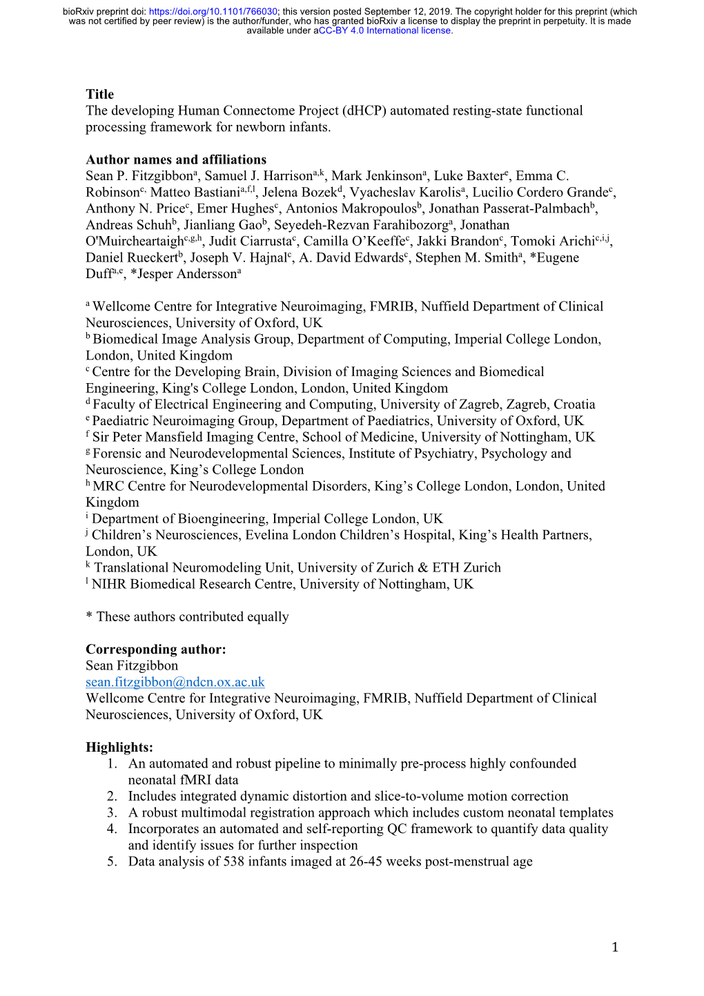 The Developing Human Connectome Project (Dhcp) Automated Resting-State Functional Processing Framework for Newborn Infants