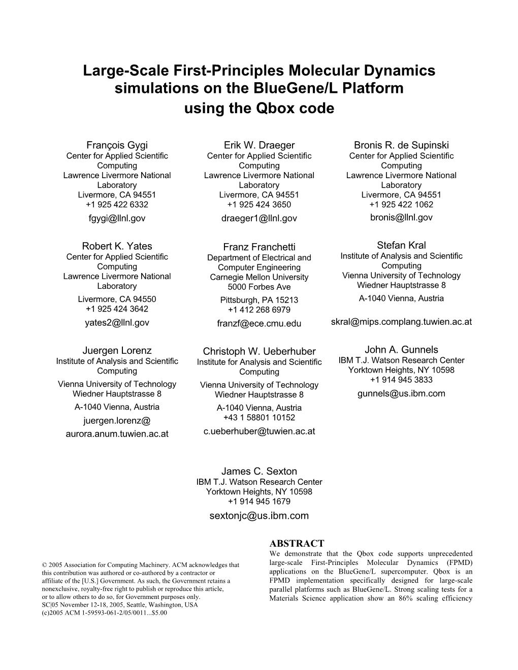 Large-Scale First-Principles Molecular Dynamics Simulations on the Bluegene/L Platform Using the Qbox Code