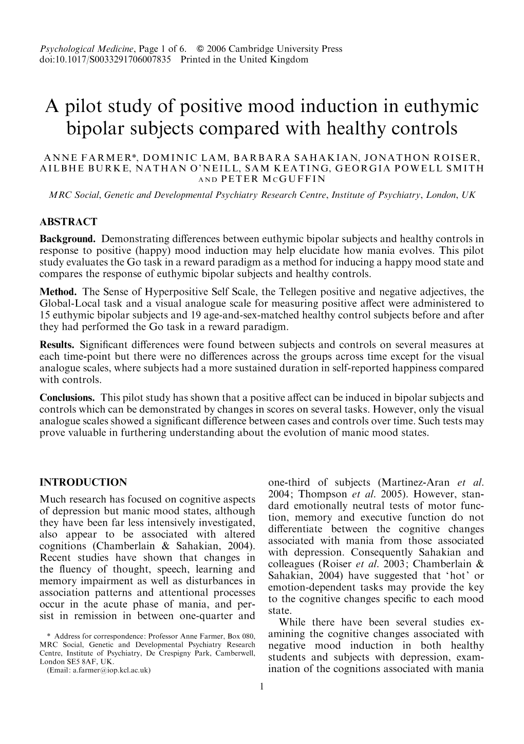 A Pilot Study of Positive Mood Induction in Euthymic Bipolar Subjects Compared with Healthy Controls