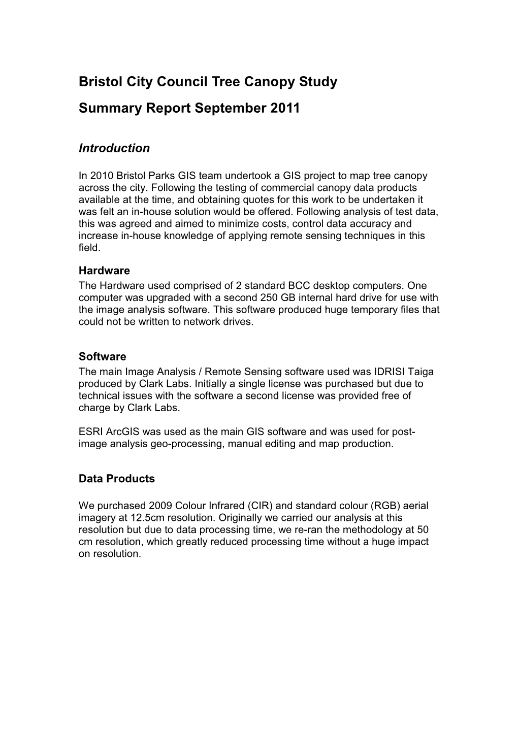 Bristol City Council Tree Canopy Study Summary Report September 2011