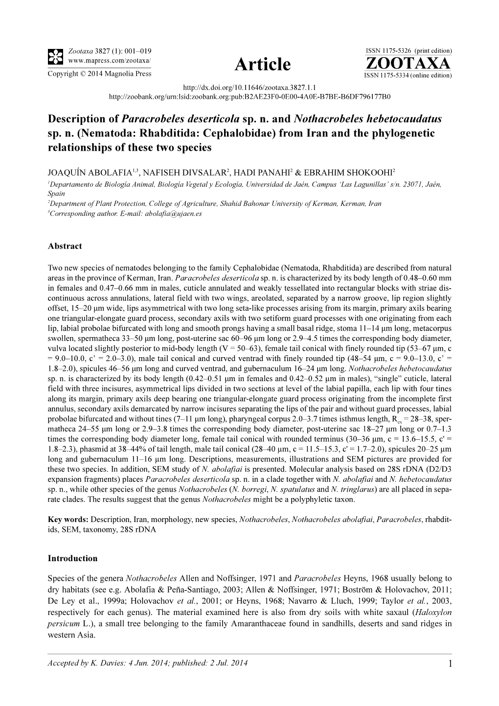 Nematoda: Rhabditida: Cephalobidae) from Iran and the Phylogenetic Relationships of These Two Species