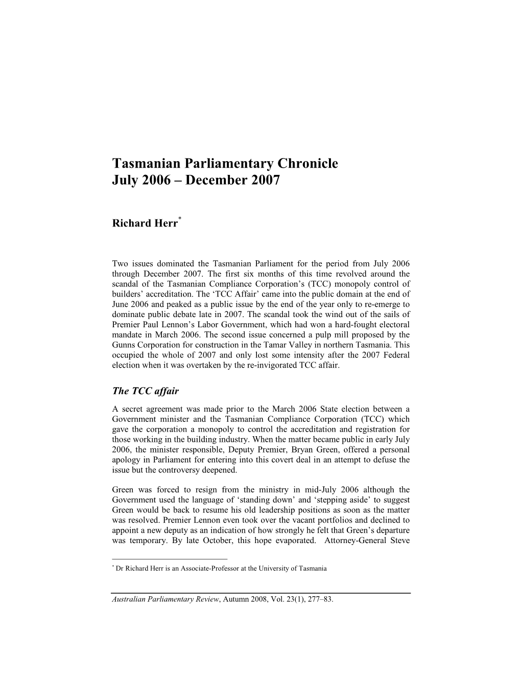 Tasmanian Parliamentary Chronicle July 2006 – December 2007