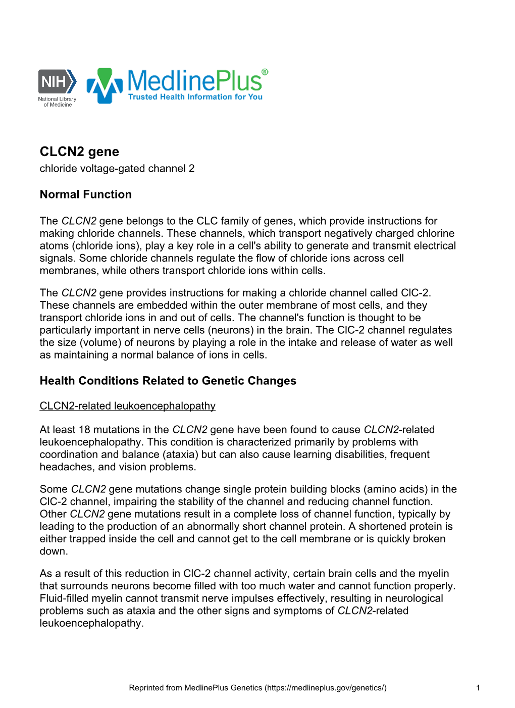 CLCN2 Gene Chloride Voltage-Gated Channel 2