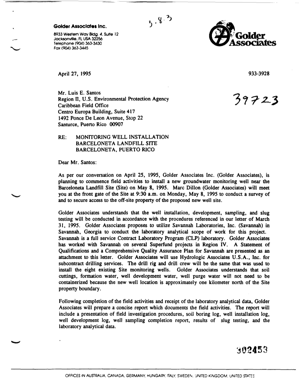 Letter to Mr. Luis E. Santos, U.S. EPA, Region II, Caribbean Field Office