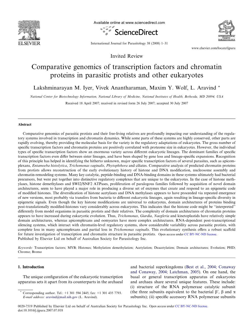 Comparative Genomics of Transcription Factors and Chromatin Proteins in Parasitic Protists and Other Eukaryotes