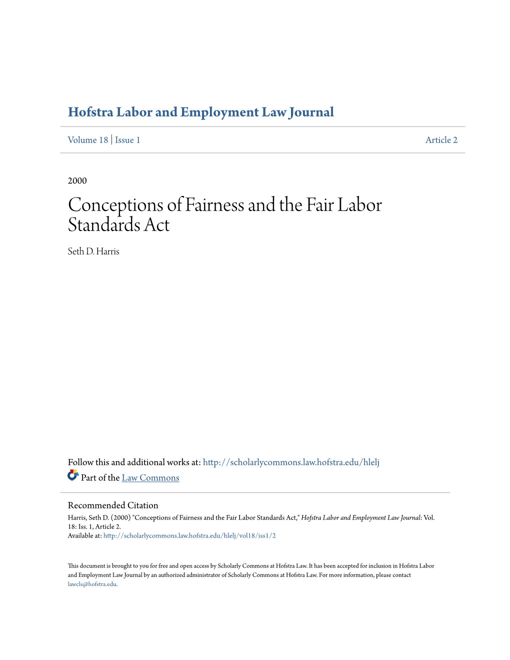 Conceptions of Fairness and the Fair Labor Standards Act Seth D