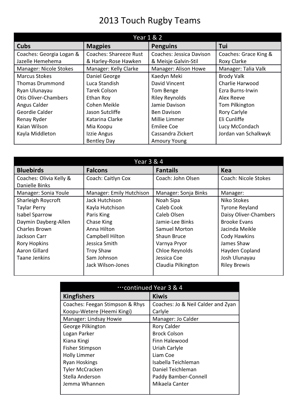 2013 Touch Rugby Teams