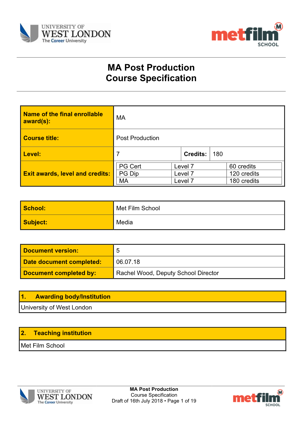 MA Post Production Course Specification