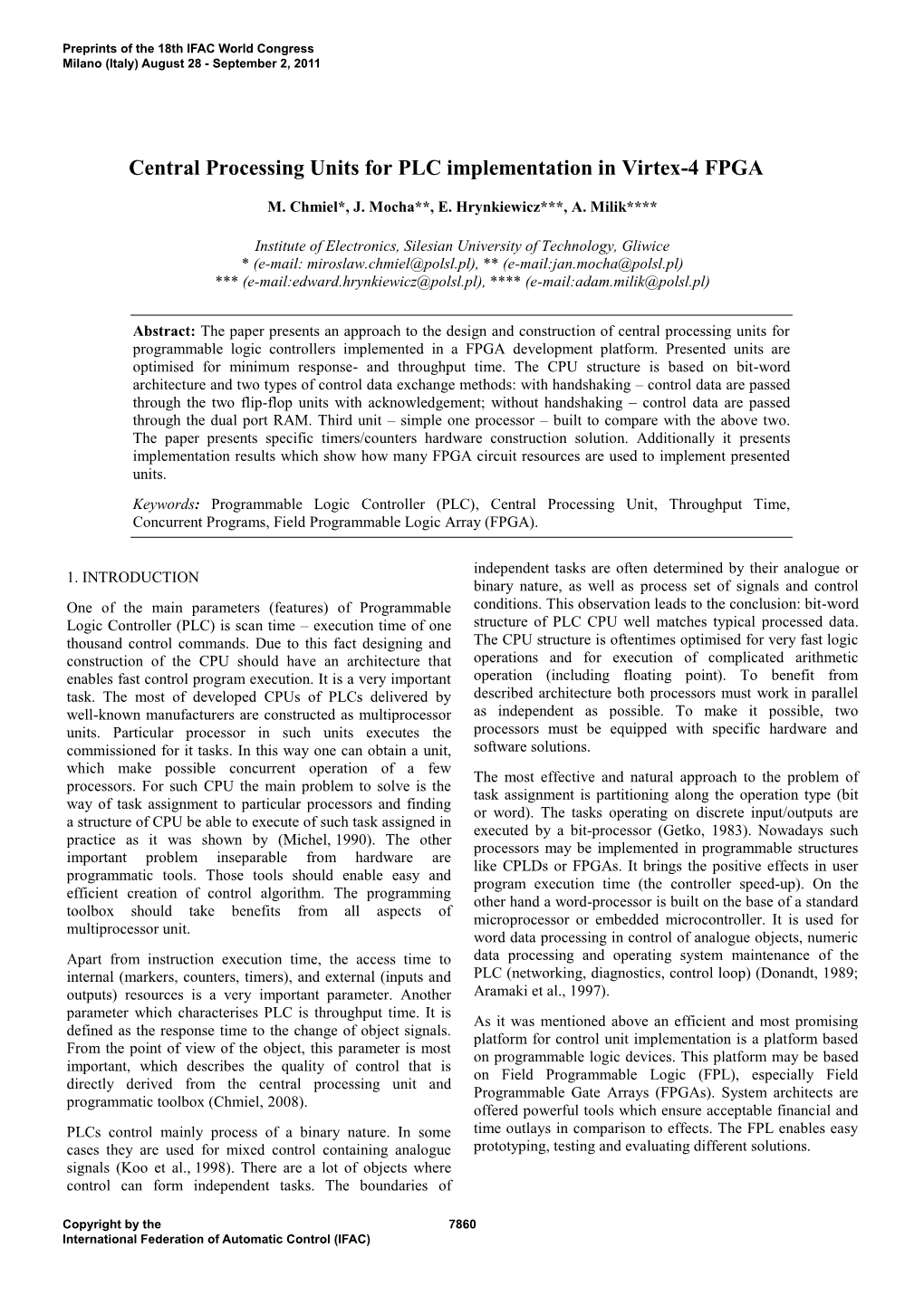 Central Processing Units for PLC Implementation in Virtex-4 FPGA