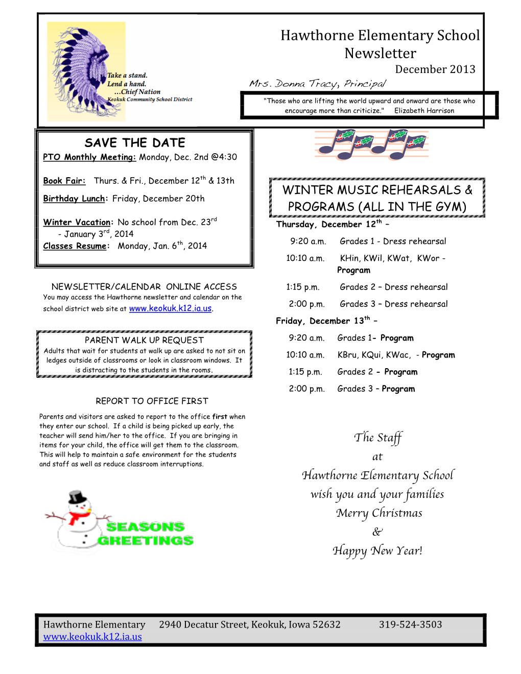 Hawthorne Elementary School Newsletter December 2013 Mrs