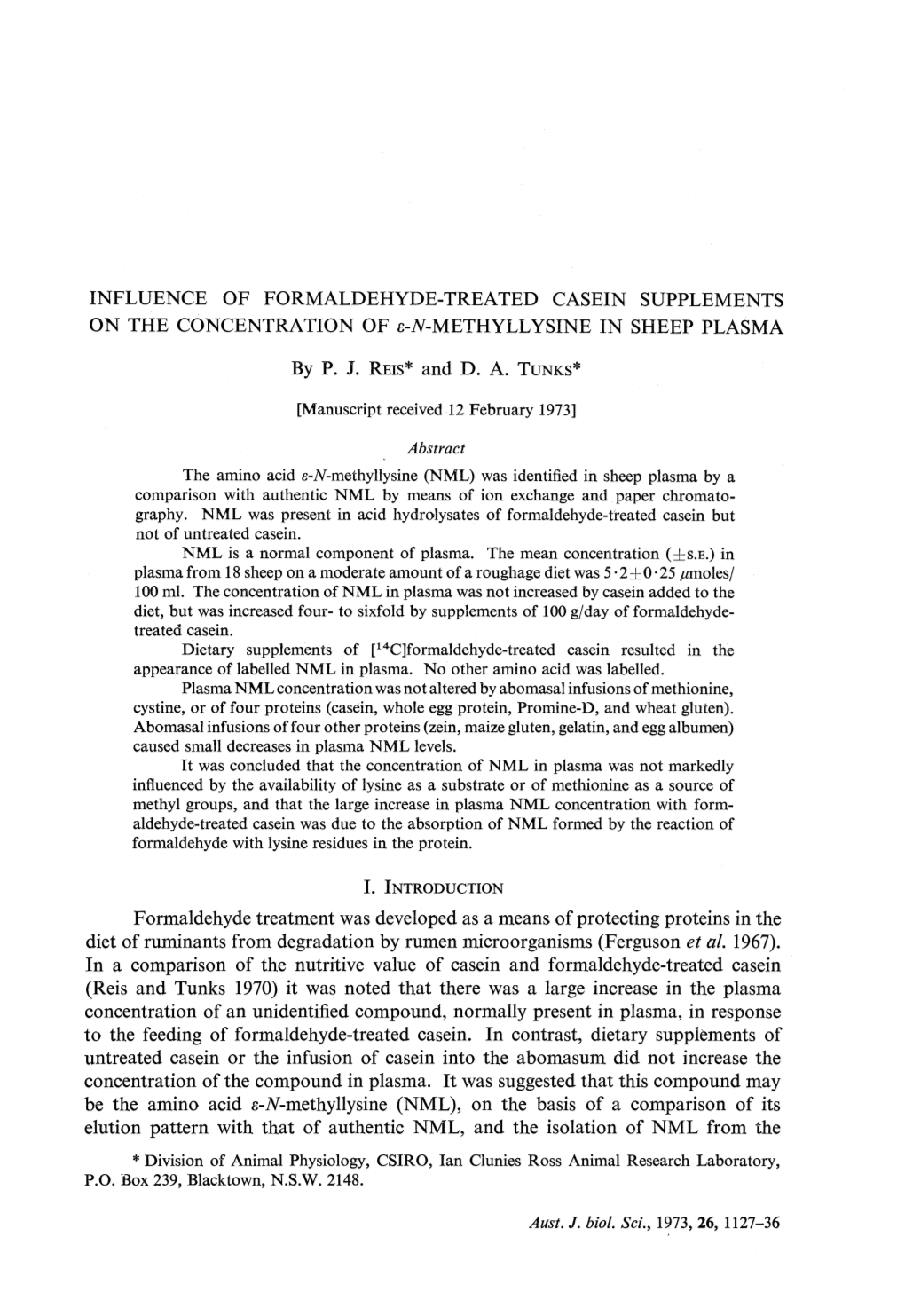 Influence of Formaldehyde-Treated Casein Supplements on the Concentration of B-N-Methyllysine in Sheep Plasma