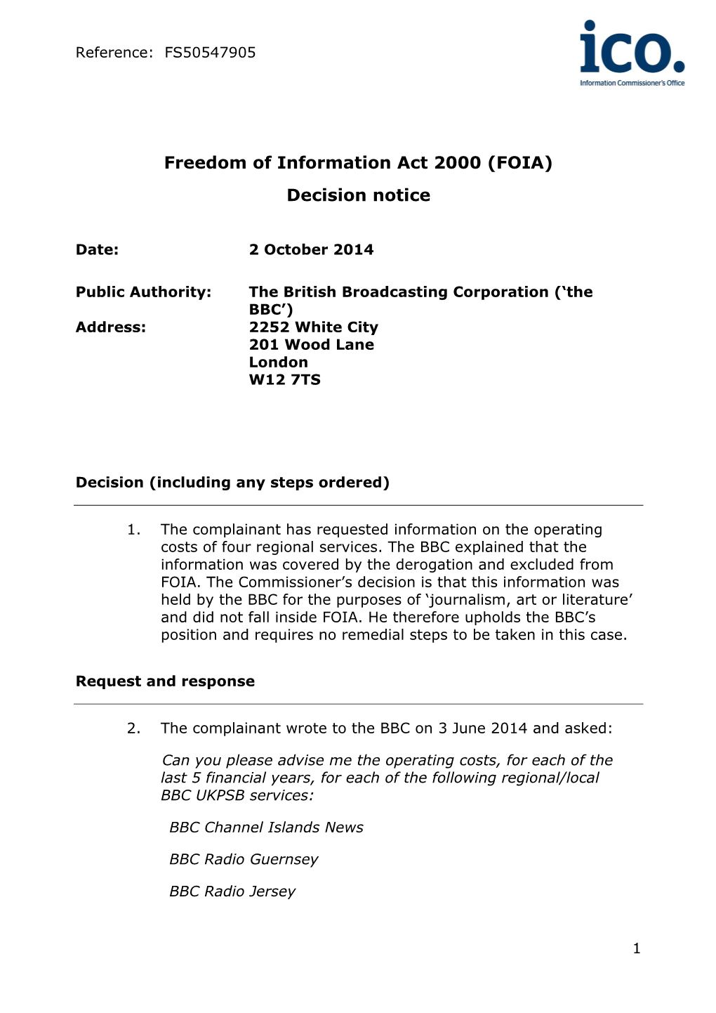 Freedom of Information Act 2000 (FOIA) Decision Notice