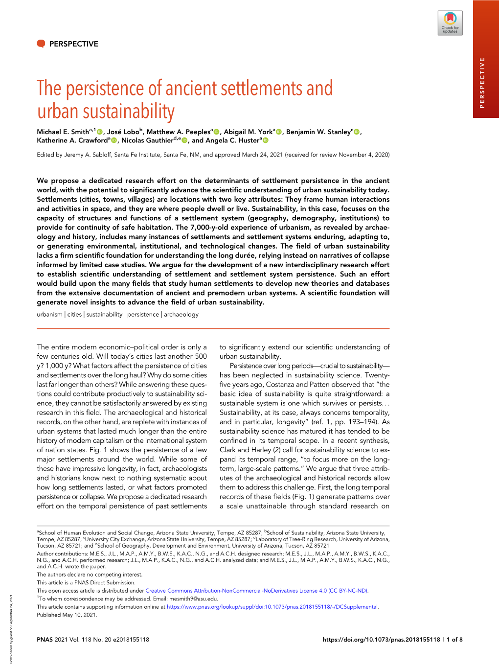 The Persistence of Ancient Settlements and Urban Sustainability Downloaded by Guest on September 24, 2021 in Physical Space, and They Are Where People Dwell Or Live