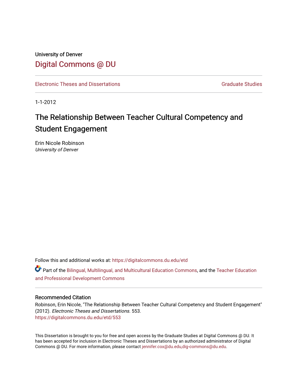 The Relationship Between Teacher Cultural Competency and Student Engagement