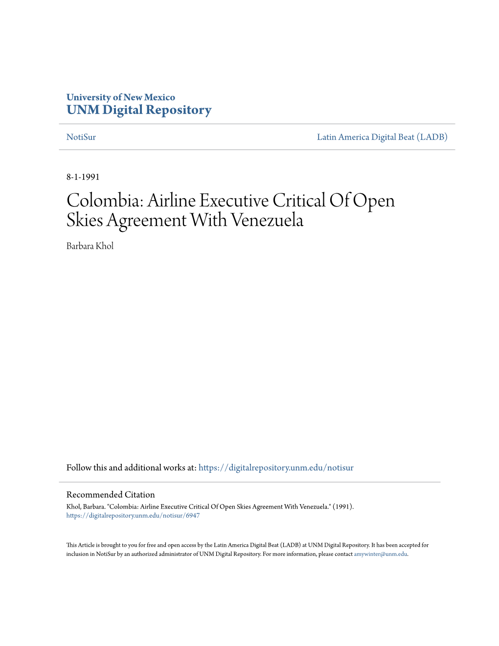 Colombia: Airline Executive Critical of Open Skies Agreement with Venezuela Barbara Khol