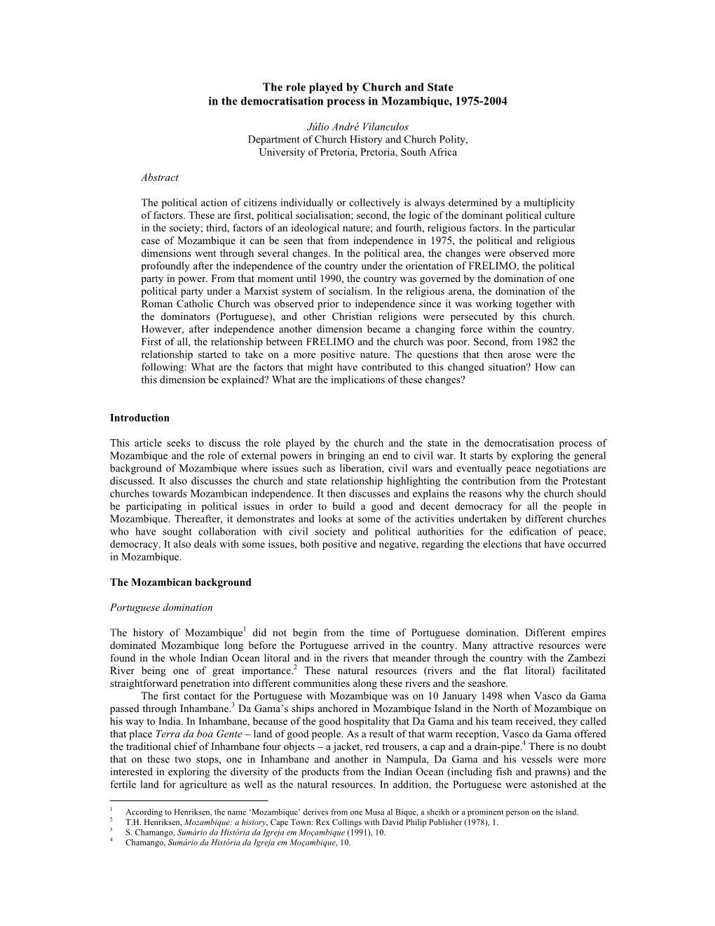 The Role Played by Church and State in the Democratisation Process in Mozambique, 1975-2004