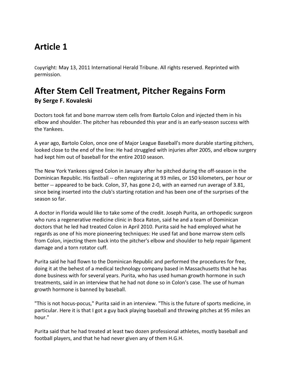 After Stem Cell Treatment, Pitcher Regains Form