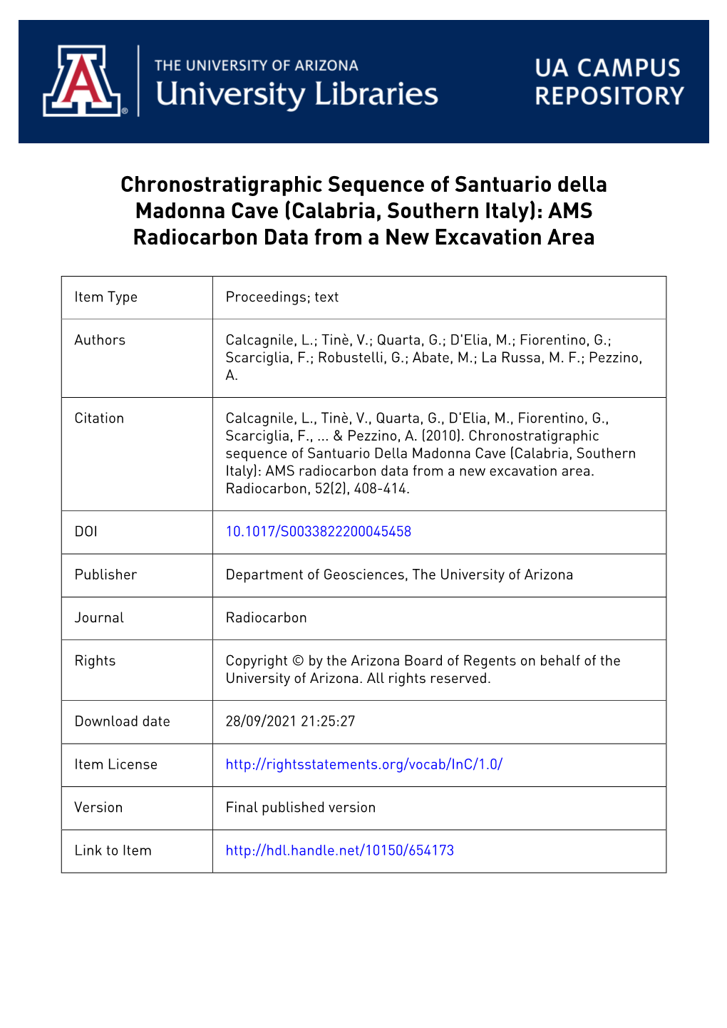 Chronostratigraphic Sequence of Santuario Della Madonna Cave (Calabria, Southern Italy): AMS Radiocarbon Data from a New Excavation Area