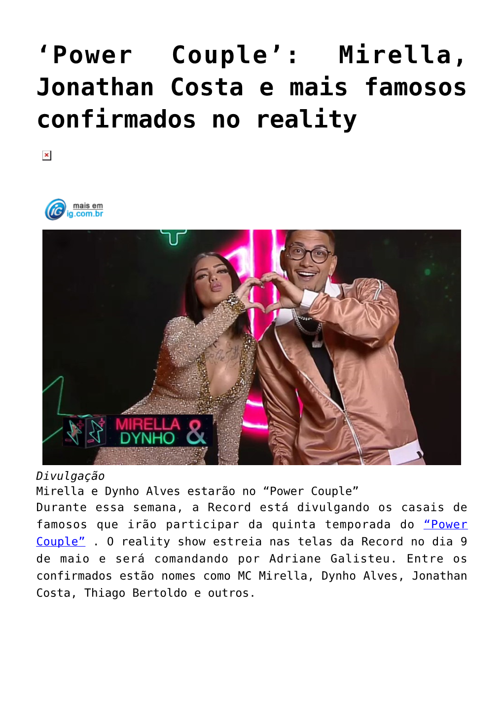 Mirella, Jonathan Costa E Mais Famosos Confirmados No Reality