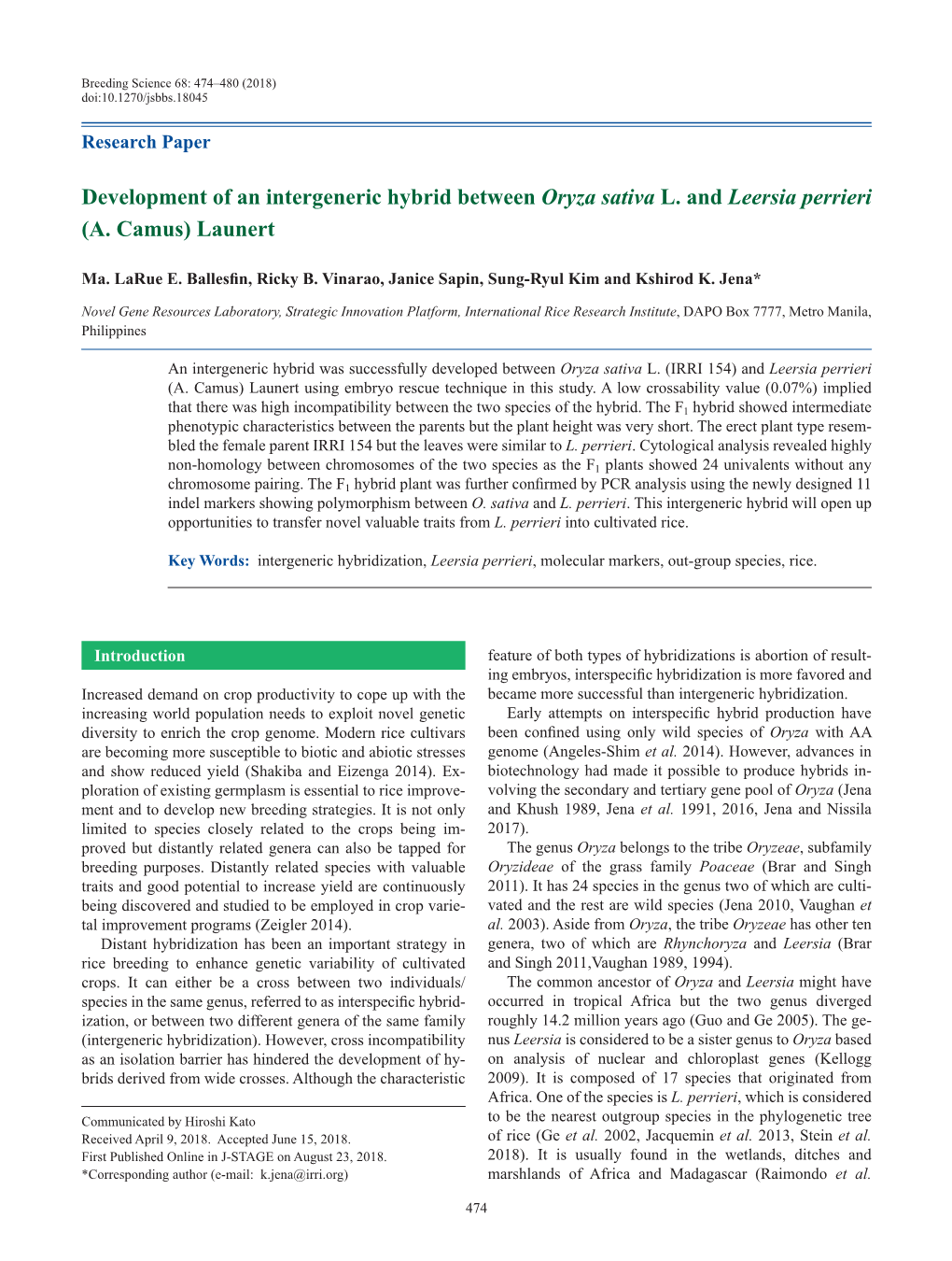 Development of an Intergeneric Hybrid Between Oryza Sativa L