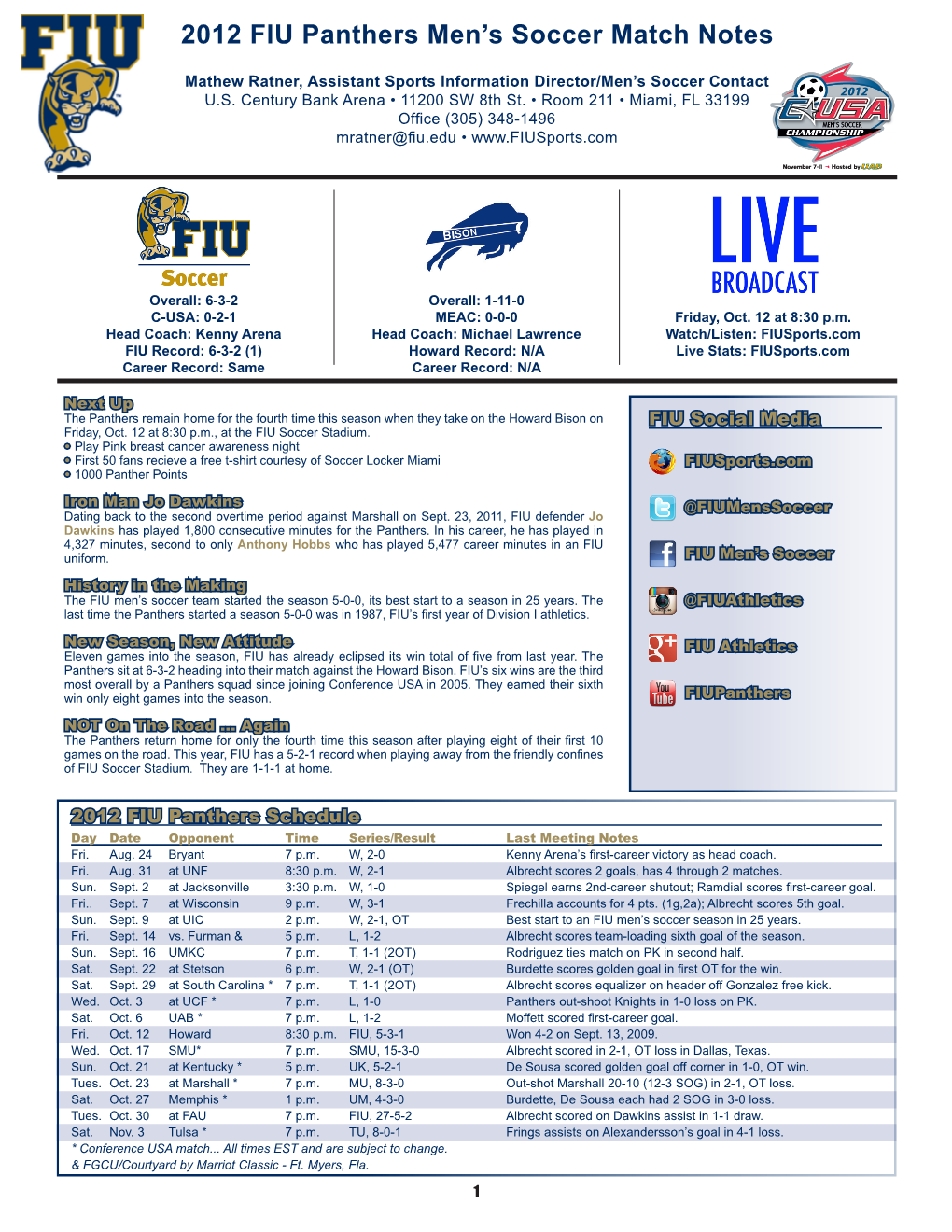 2012 FIU Panthers Men's Soccer Match Notes