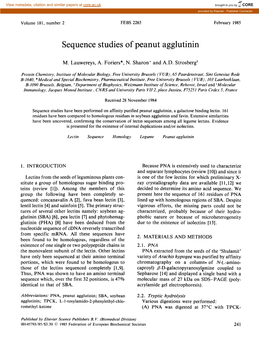 Sequence Studies of Peanut Agglutinin