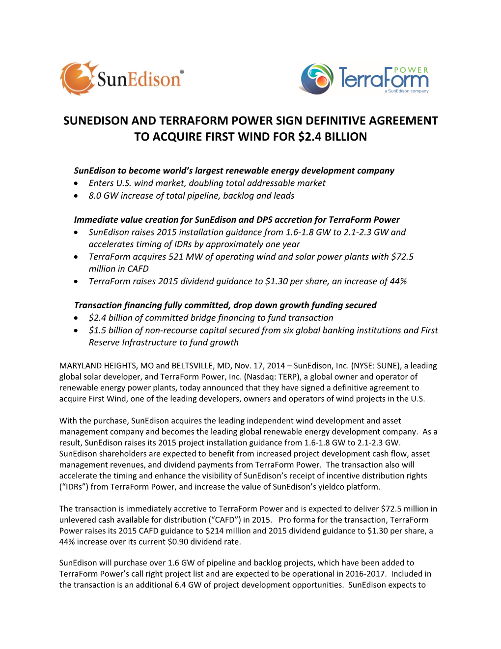 Sunedison and Terraform Power Sign Definitive Agreement to Acquire First Wind for $2.4 Billion