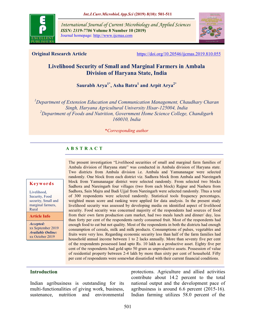 Livelihood Security of Small and Marginal Farmers in Ambala Division of Haryana State, India