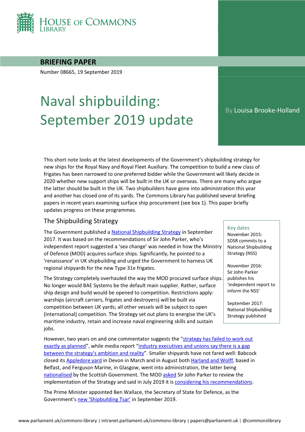 Naval Shipbuilding: by Louisa Brooke-Holland September 2019 Update