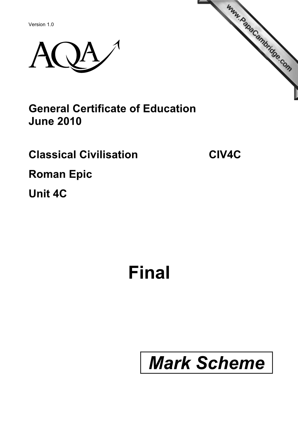 A-Level Classical Civilisation Mark Scheme Unit 04