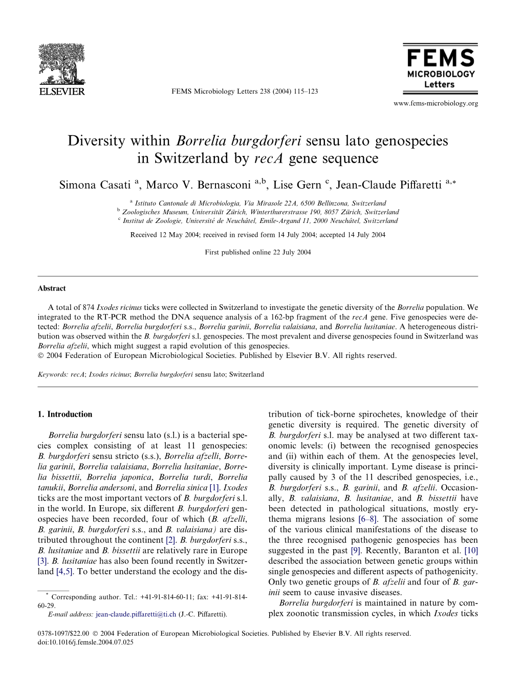 Borrelia Burgdorferi Sensu Lato Genospecies in Switzerland by Reca Gene Sequence