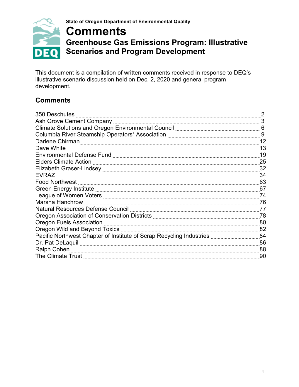 Comments Greenhouse Gas Emissions Program: Illustrative Scenarios and Program Development