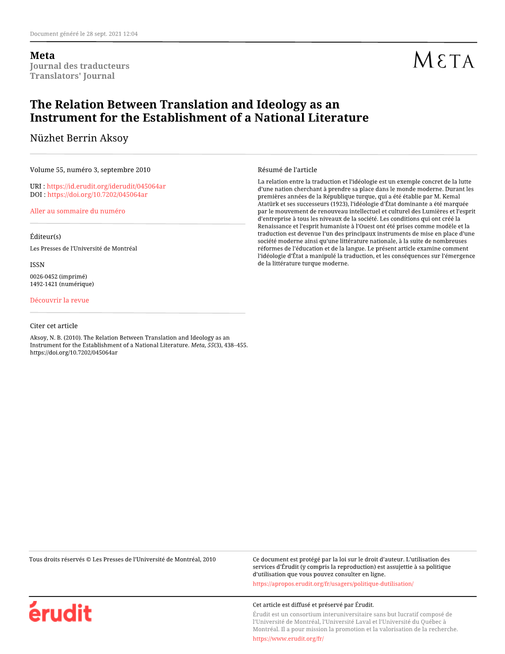 The Relation Between Translation and Ideology As an Instrument for the Establishment of a National Literature Nüzhet Berrin Aksoy