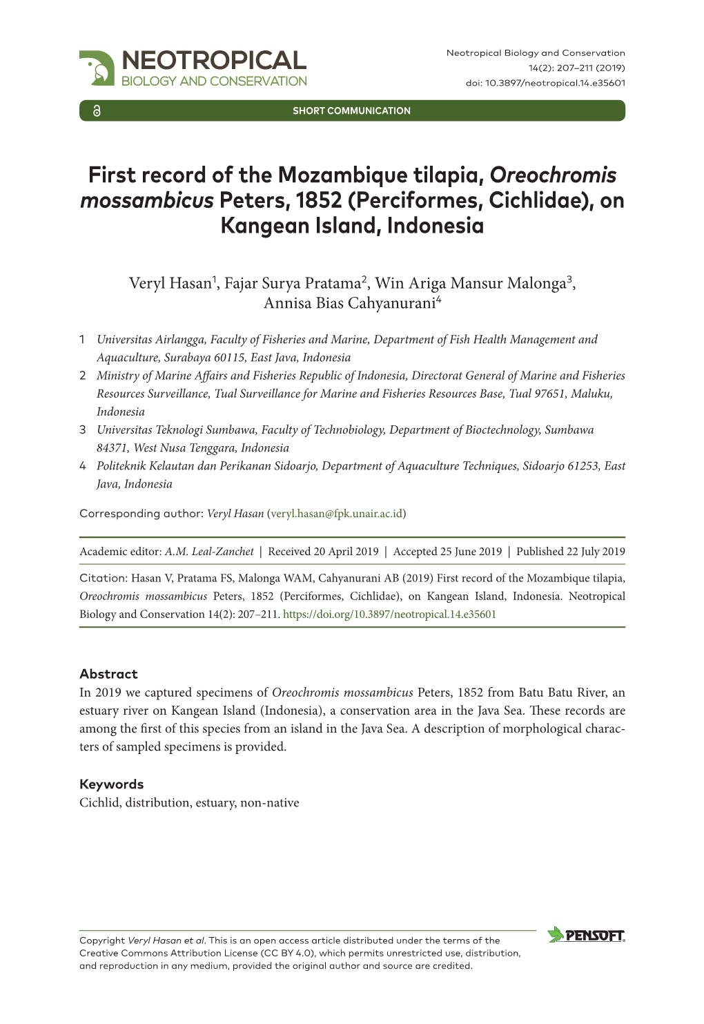 First Record of the Mozambique Tilapia, Oreochromis Mossambicus Peters, 1852 (Perciformes, Cichlidae), on Kangean Island, Indonesia