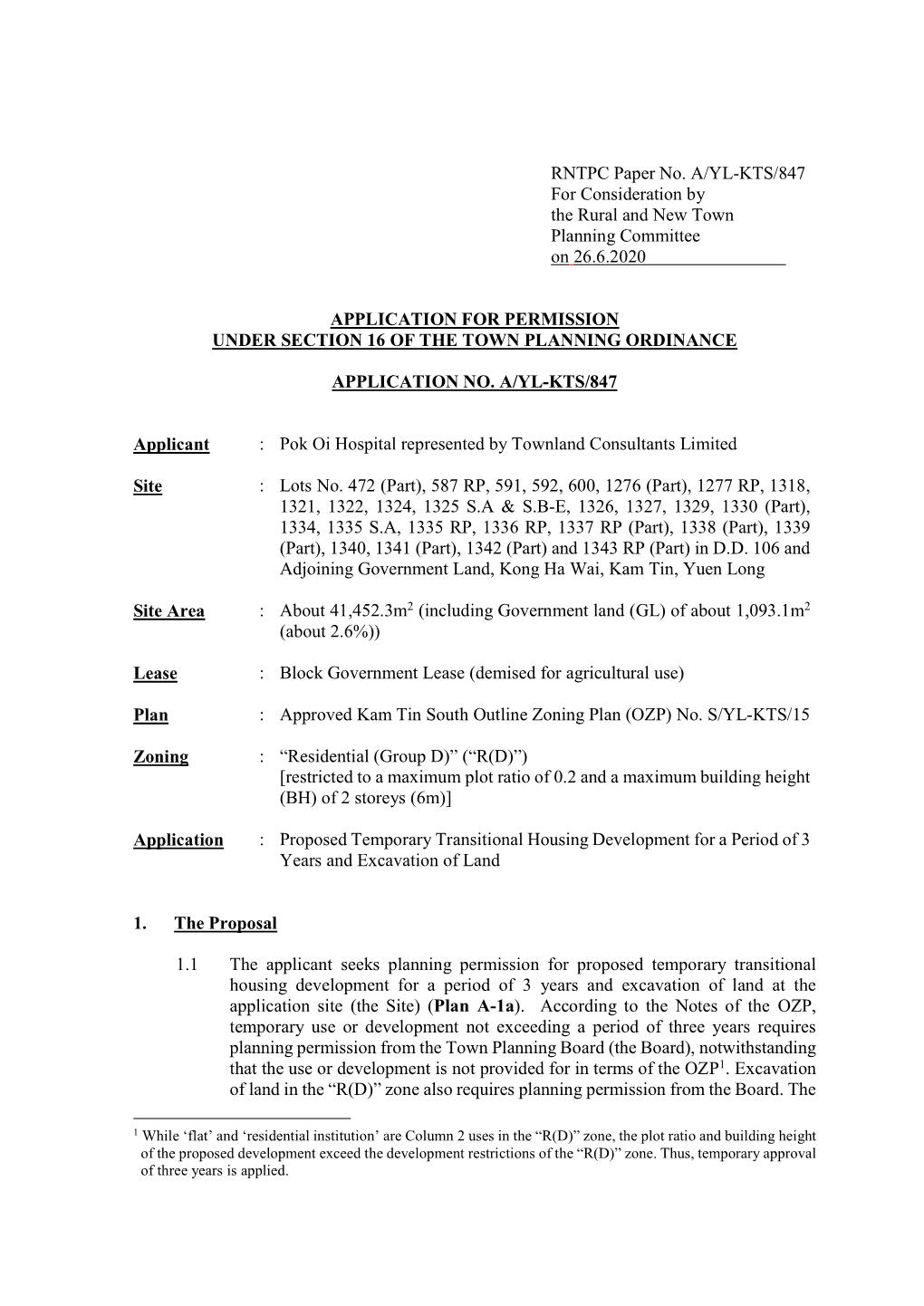 RNTPC Paper No. A/YL-KTS/847 for Consideration by the Rural and New Town Planning Committee on 26.6.2020