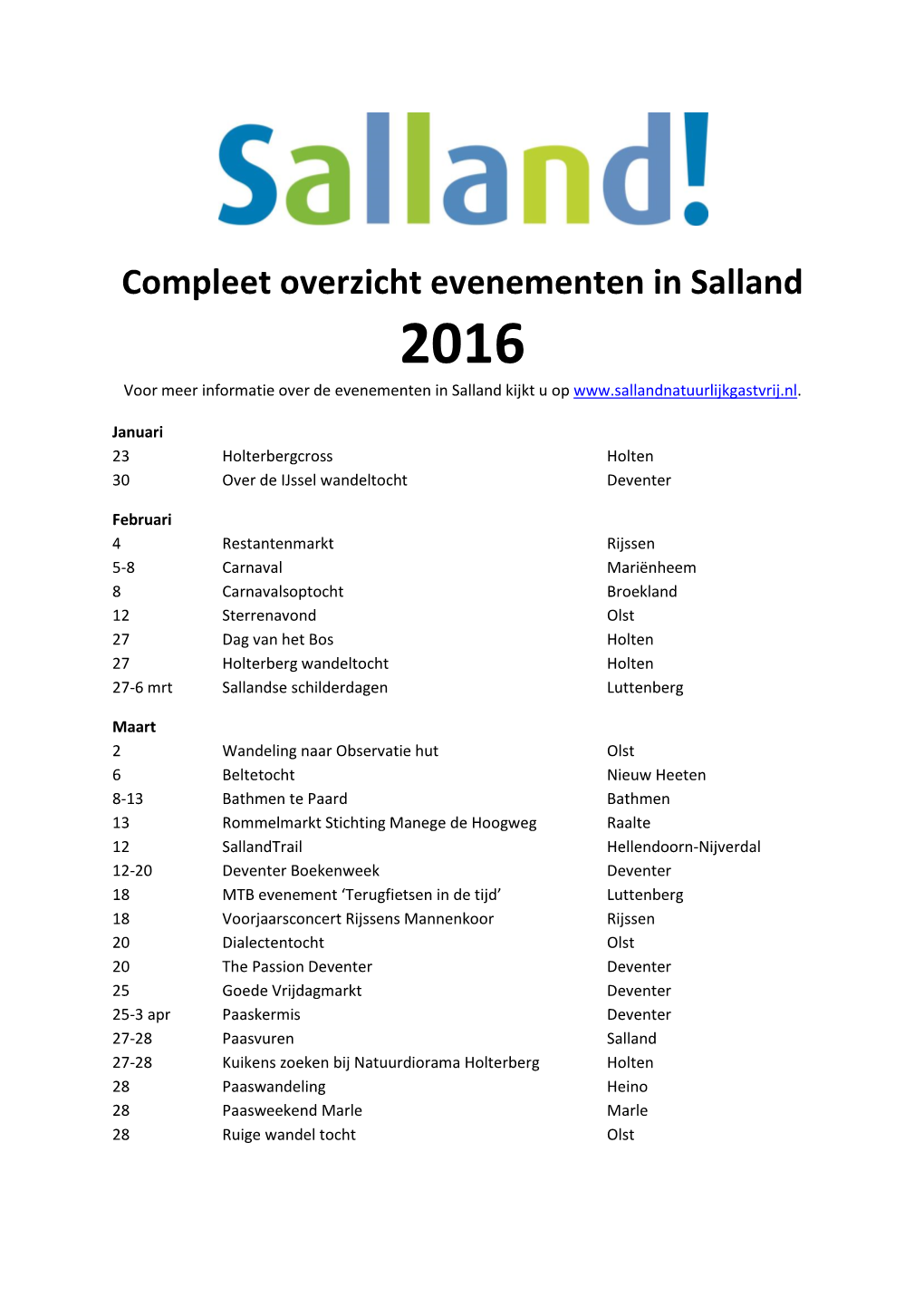 Compleet Overzicht Evenementen in Salland 2016 Voor Meer Informatie Over De Evenementen in Salland Kijkt U Op