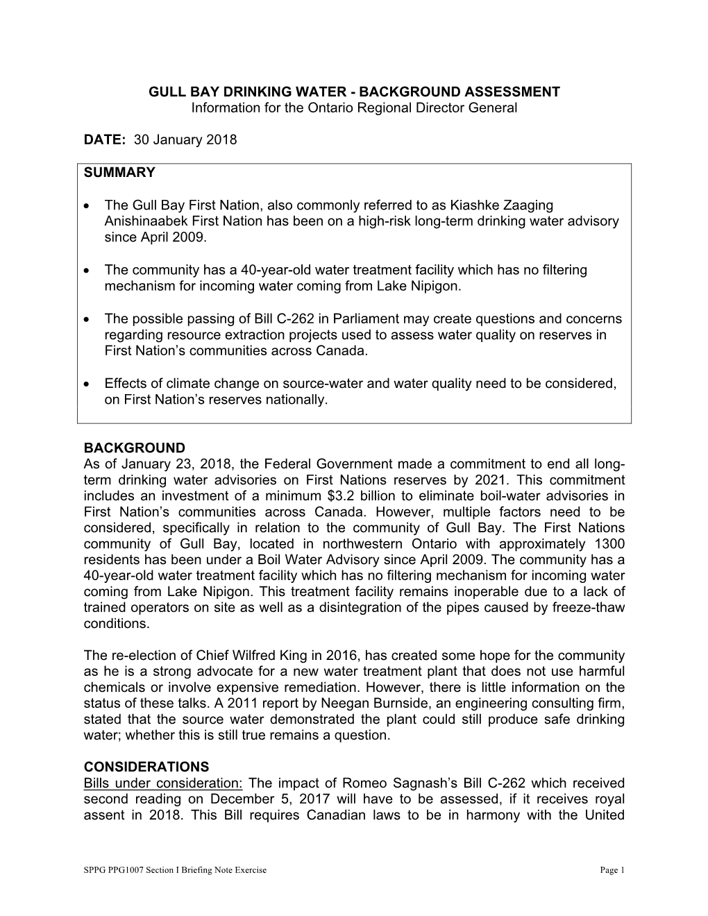 GULL BAY DRINKING WATER - BACKGROUND ASSESSMENT Information for the Ontario Regional Director General