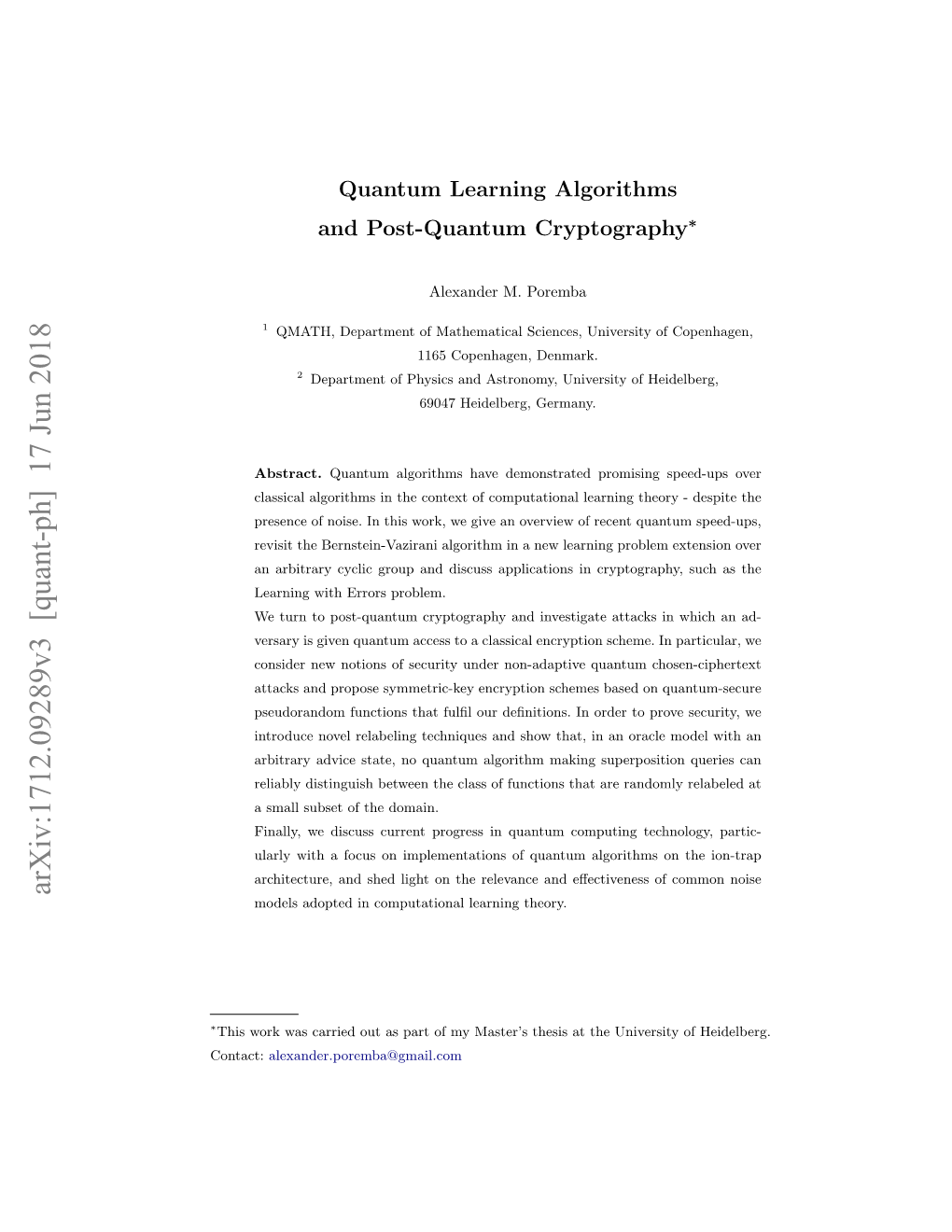 Quantum Learning Algorithms and Post-Quantum Cryptography∗