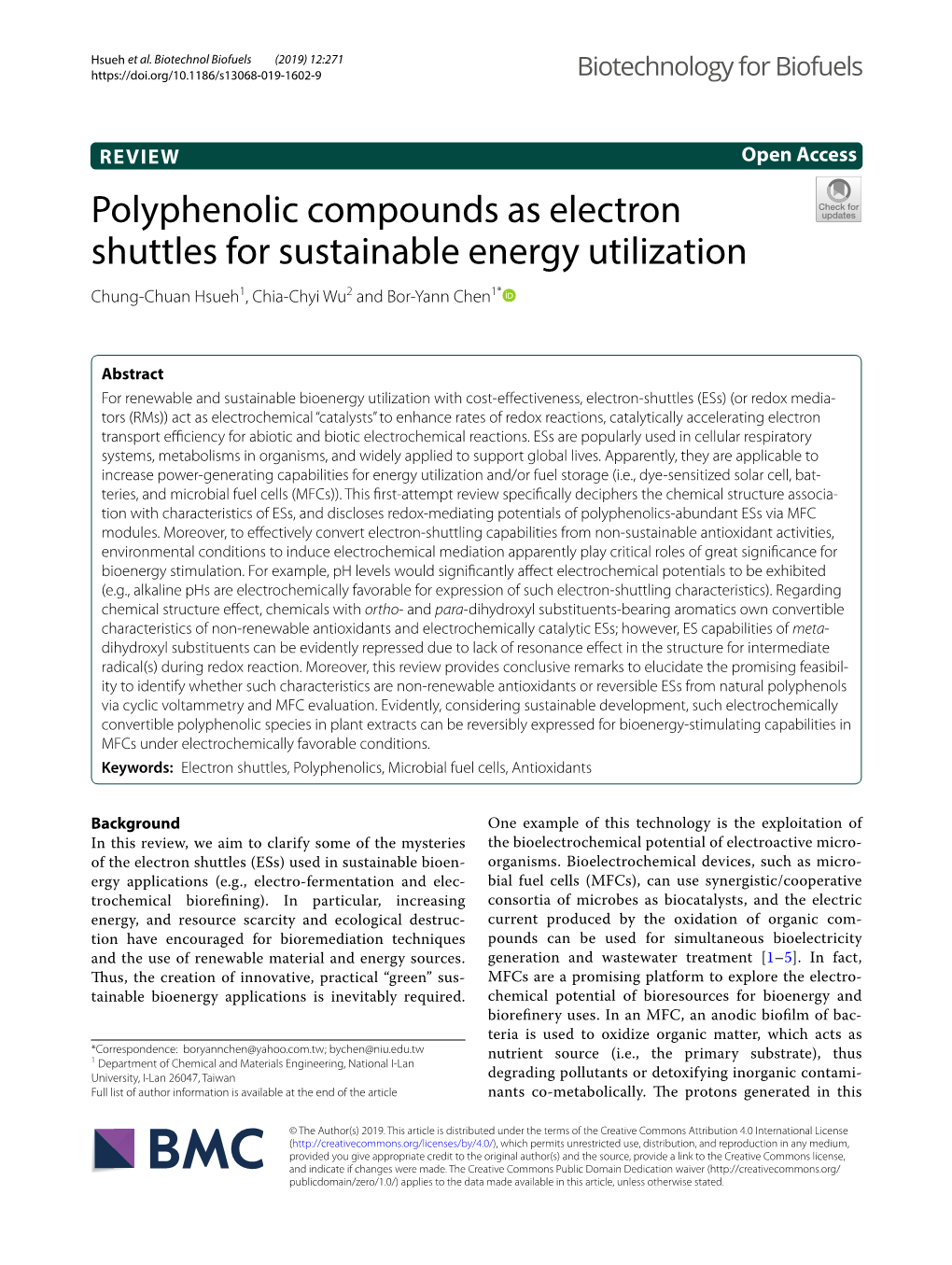 Polyphenolic Compounds As Electron Shuttles for Sustainable Energy Utilization Chung‑Chuan Hsueh1, Chia‑Chyi Wu2 and Bor‑Yann Chen1*