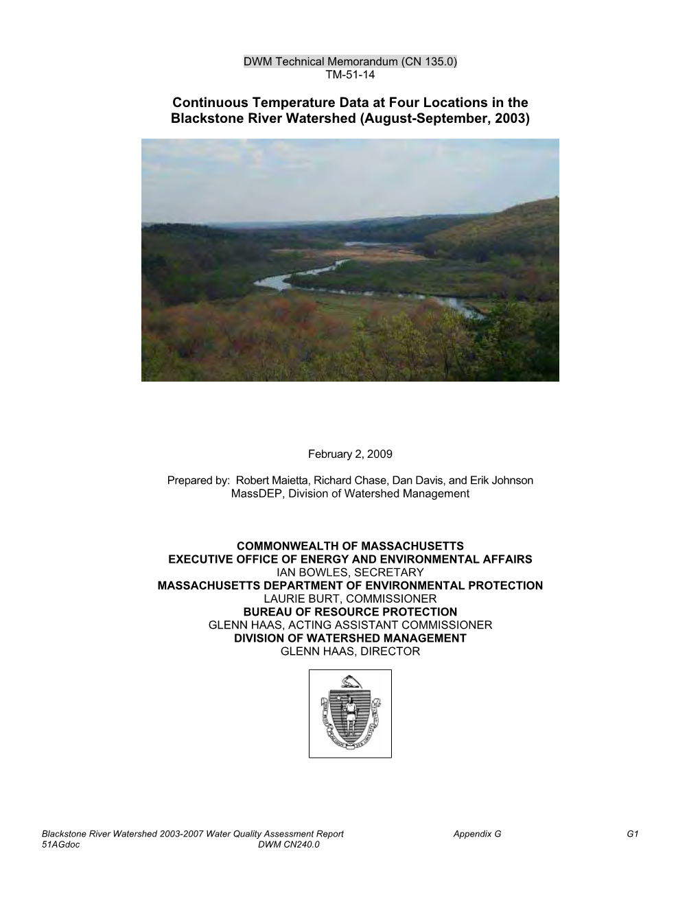 Continuous Temperature Data at Four Locations in the Blackstone River Watershed (August-September, 2003)