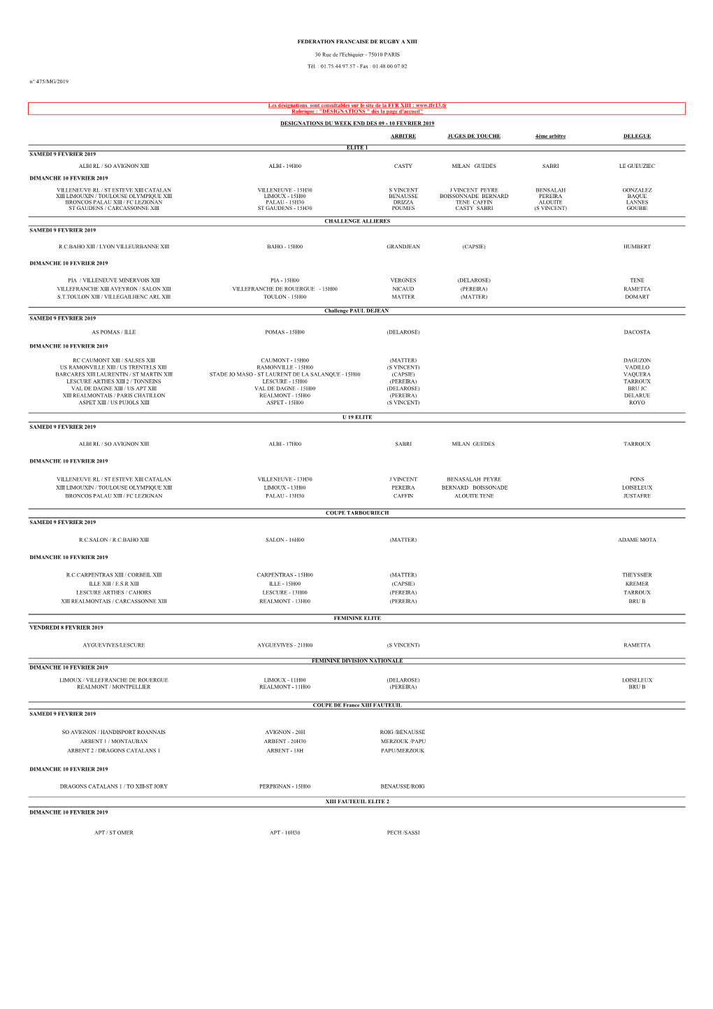 N° 475/MG/2019 ARBITRE JUGES DE TOUCHE 4Éme Arbitre DELEGUE SAMEDI 9 FEVRIER 2019 ALBI RL / SO AVIGNON XIII ALBI