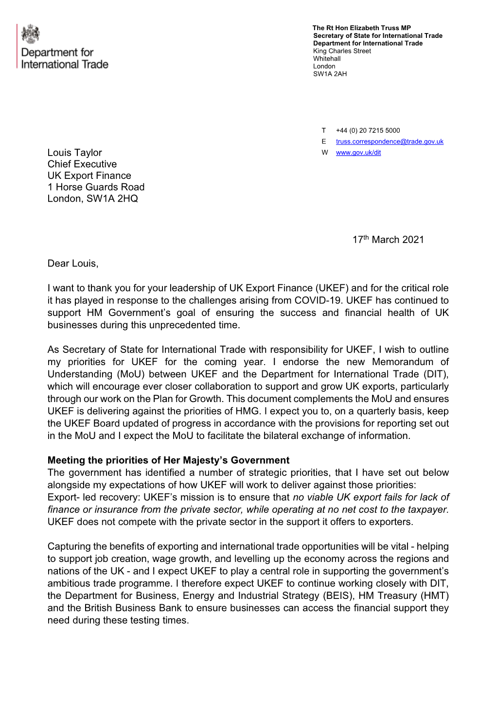 Letter from the Secretary of State for International Trade to UK Export