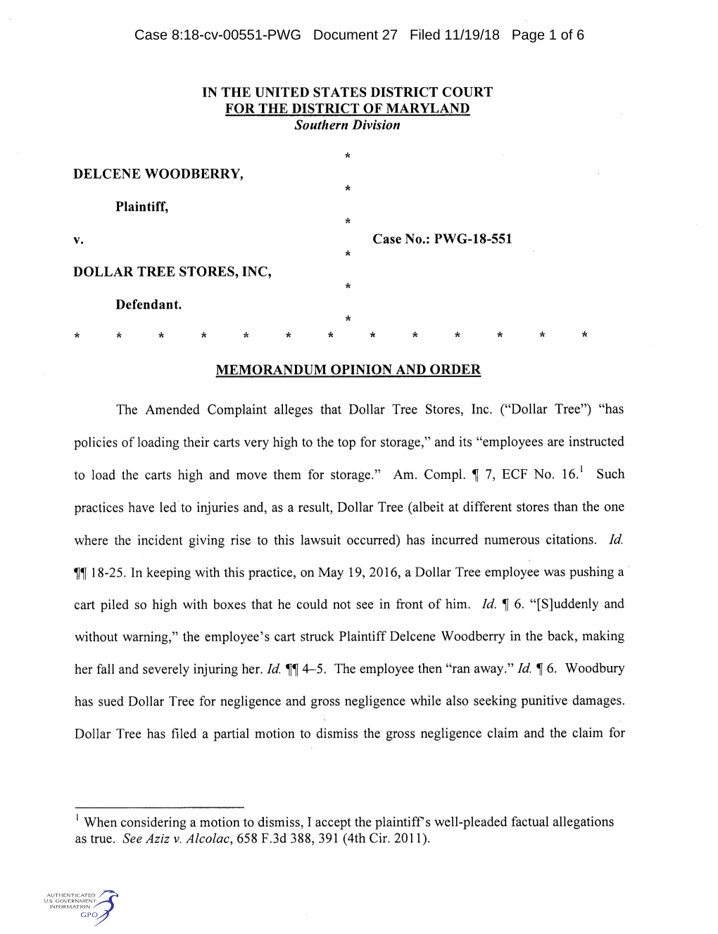 Case 8:18-Cv-00551-PWG Document 27 Filed 11/19/18 Page 1 of 6