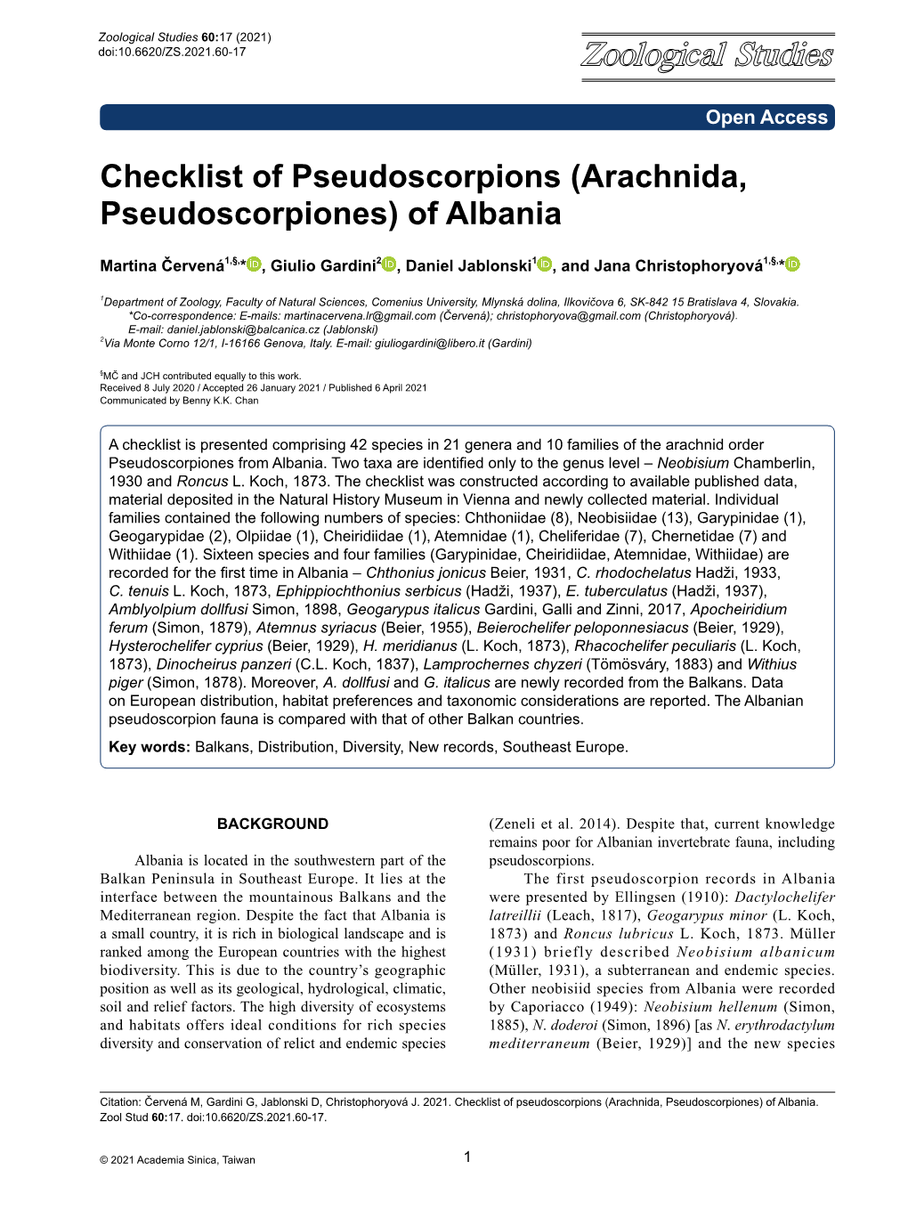 Checklist of Pseudoscorpions (Arachnida, Pseudoscorpiones) of Albania