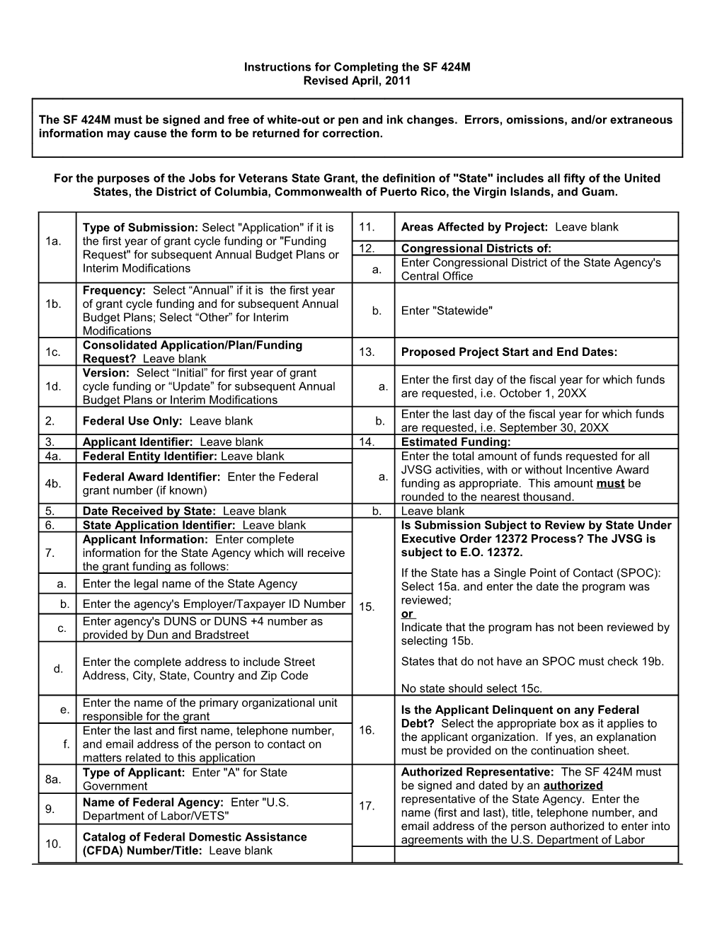 Instructions For Completing The SF 424